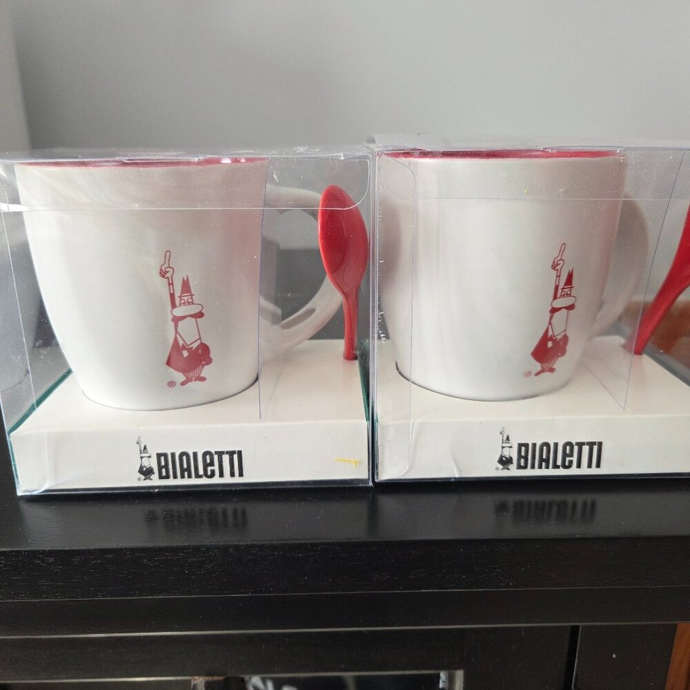 2 Bialetti Cups with spoon RARE famous mustachioed man New In Box